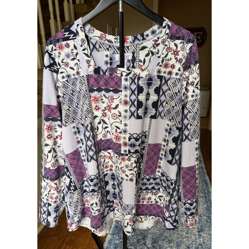 Denim & Co Patchwork Print Square Neck Long Sleeve Top Purple White Black 1X